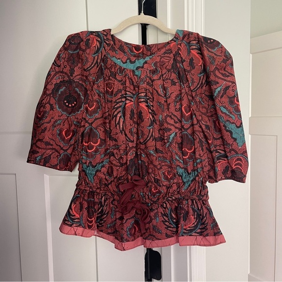 Ulla Johnson Denisa Carmine Blouse Half Sleeve Top Tie Waist - Picture 2 of 5